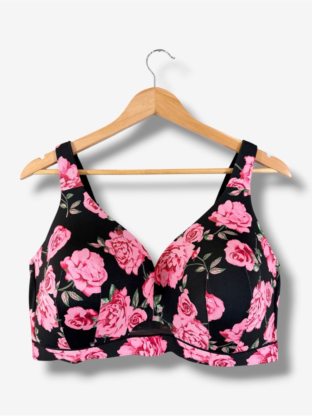 Cacique 44DD Black Pink Rose Floral Lightly Lined Wireless Bra A83570